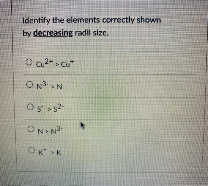 Identify the elements correctly shown by decreasing radii size